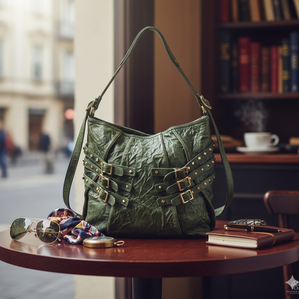 Treesje Womens Double Handle Triple Studded Strap Leather Tote Handbag Green